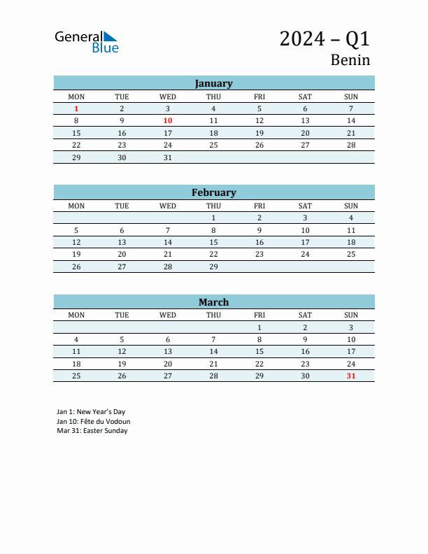 Three-Month Planner for Q1 2024 with Holidays - Benin