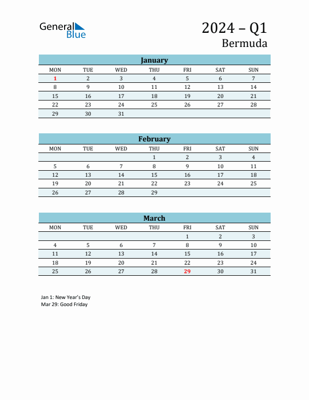 Three-Month Planner for Q1 2024 with Holidays - Bermuda