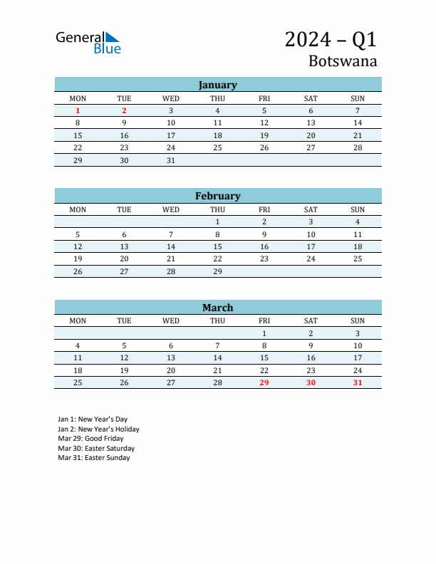 Three-Month Planner for Q1 2024 with Holidays - Botswana