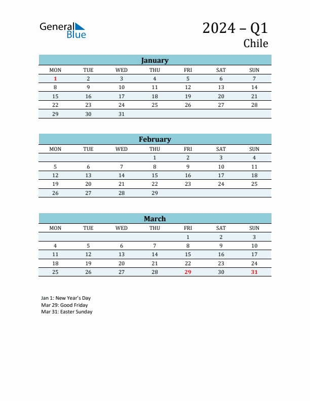 Three-Month Planner for Q1 2024 with Holidays - Chile