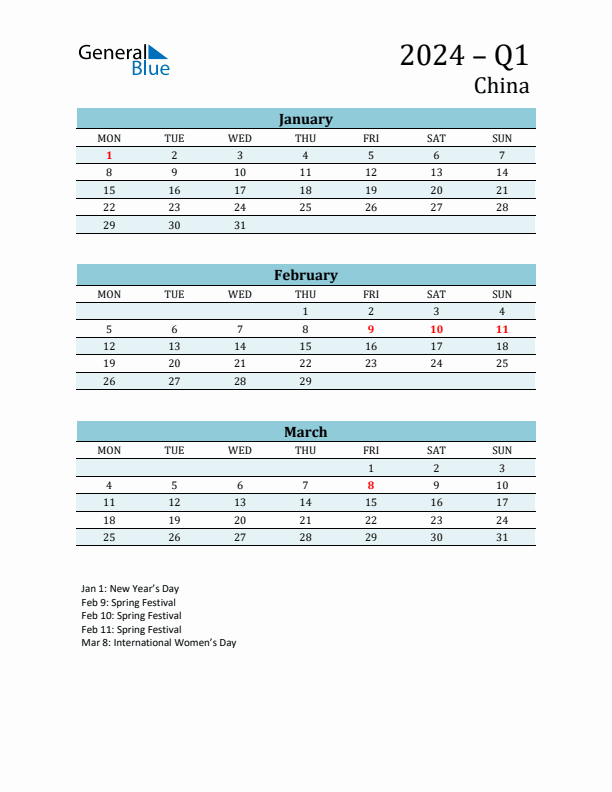 Three-Month Planner for Q1 2024 with Holidays - China