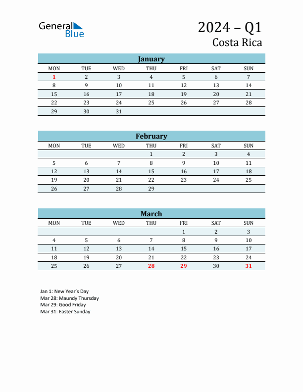 Three-Month Planner for Q1 2024 with Holidays - Costa Rica