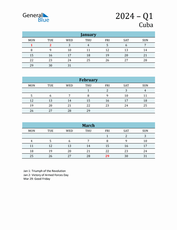 Three-Month Planner for Q1 2024 with Holidays - Cuba