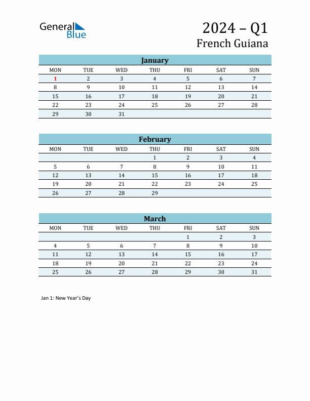 Three-Month Planner for Q1 2024 with Holidays - French Guiana