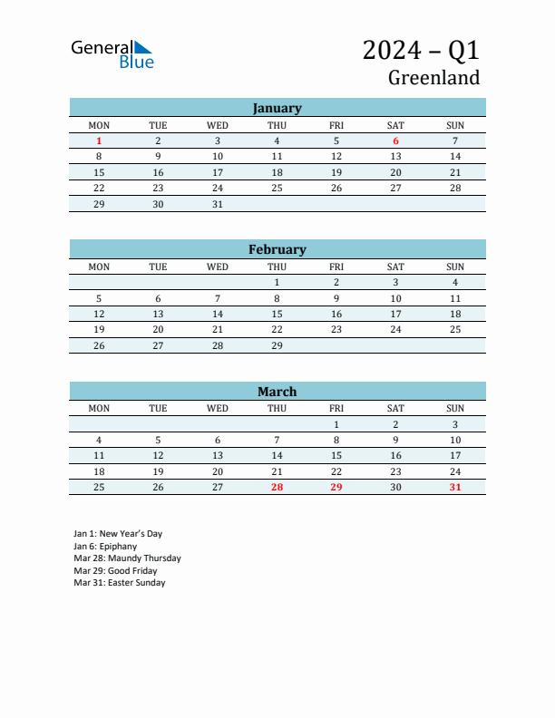 Three-Month Planner for Q1 2024 with Holidays - Greenland