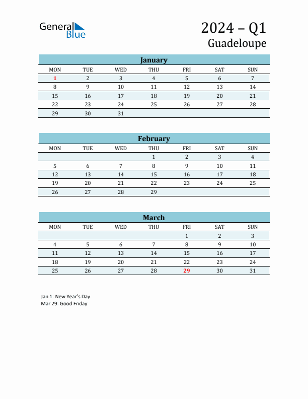 Three-Month Planner for Q1 2024 with Holidays - Guadeloupe