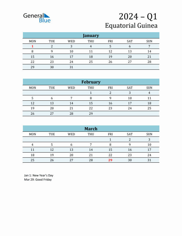 Three-Month Planner for Q1 2024 with Holidays - Equatorial Guinea