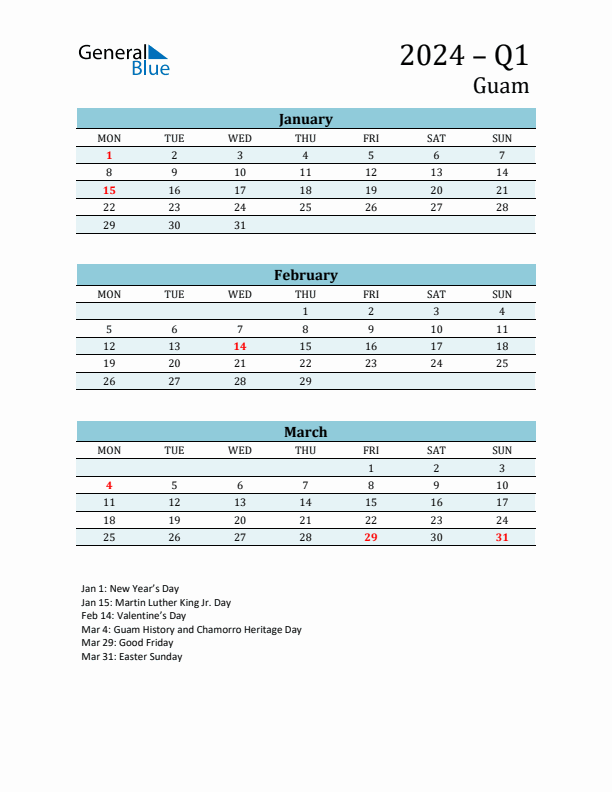 Three-Month Planner for Q1 2024 with Holidays - Guam