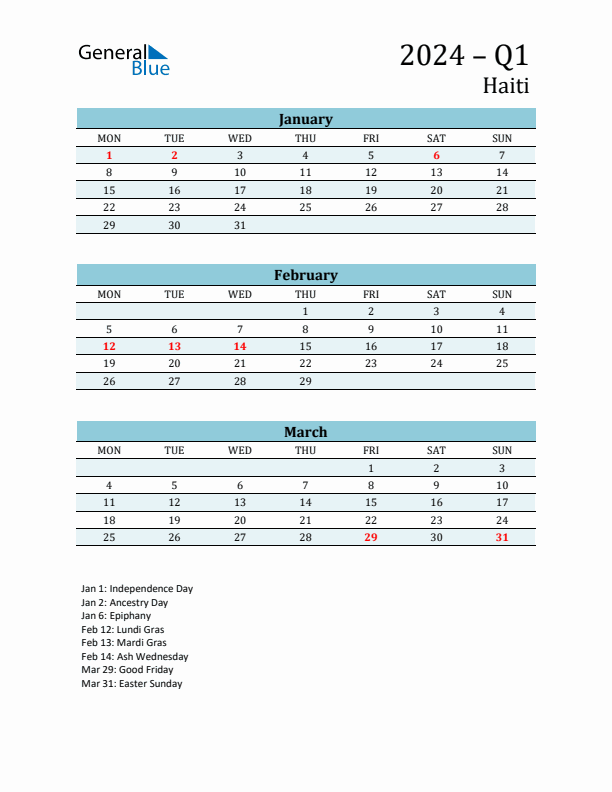 Three-Month Planner for Q1 2024 with Holidays - Haiti