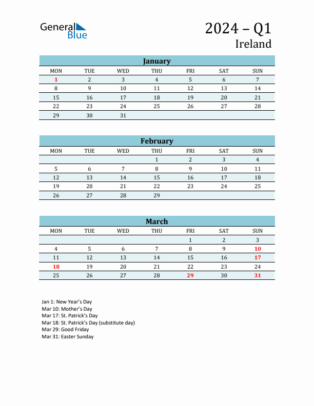 Three-Month Planner for Q1 2024 with Holidays - Ireland