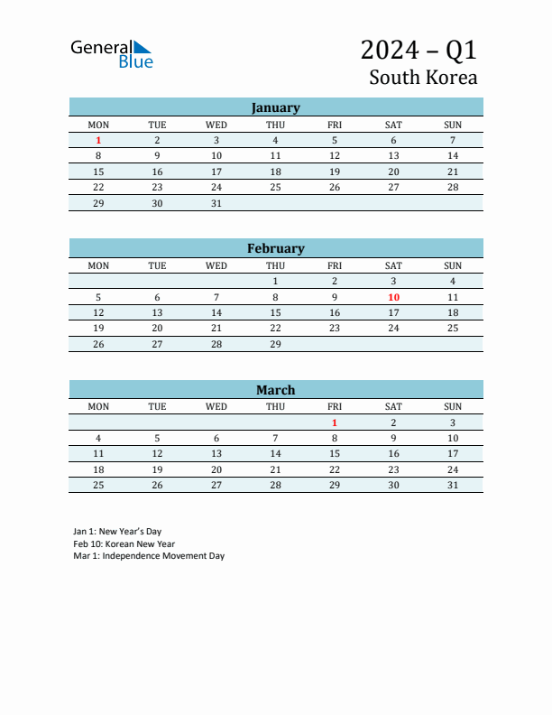 Three-Month Planner for Q1 2024 with Holidays - South Korea