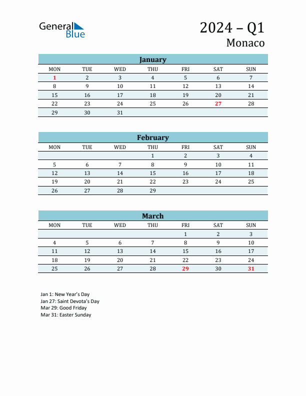 Three-Month Planner for Q1 2024 with Holidays - Monaco