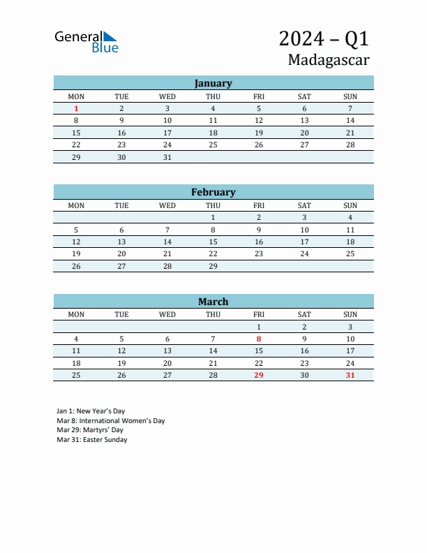 Three-Month Planner for Q1 2024 with Holidays - Madagascar