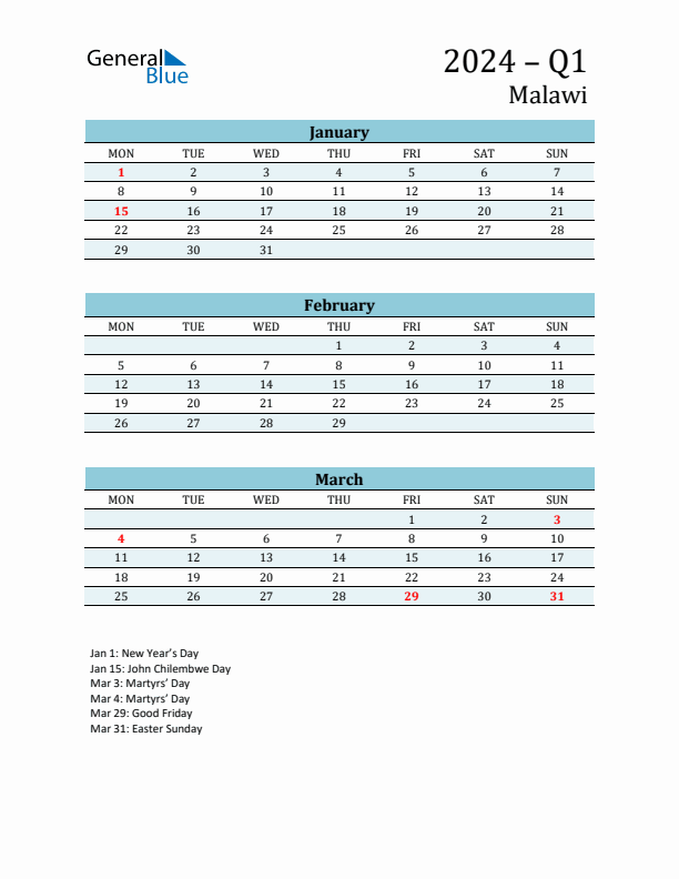 Three-Month Planner for Q1 2024 with Holidays - Malawi