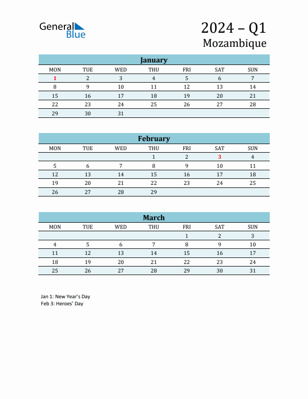 Three-Month Planner for Q1 2024 with Holidays - Mozambique