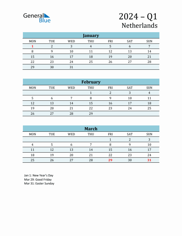 Three-Month Planner for Q1 2024 with Holidays - The Netherlands