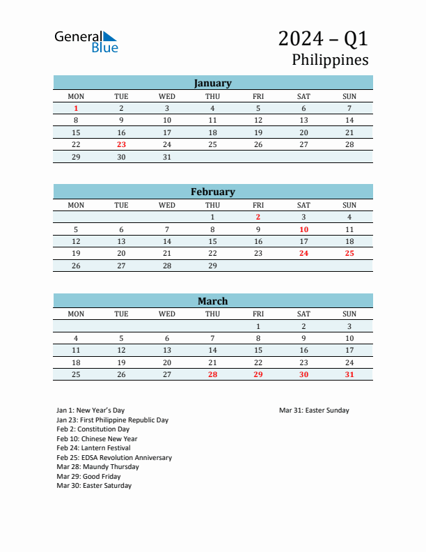 Three-Month Planner for Q1 2024 with Holidays - Philippines