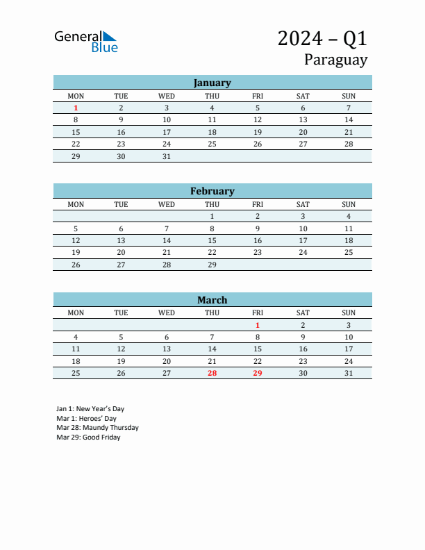Three-Month Planner for Q1 2024 with Holidays - Paraguay