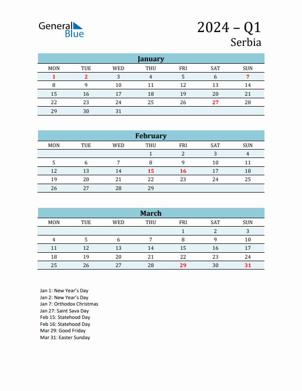 Three-Month Planner for Q1 2024 with Holidays - Serbia
