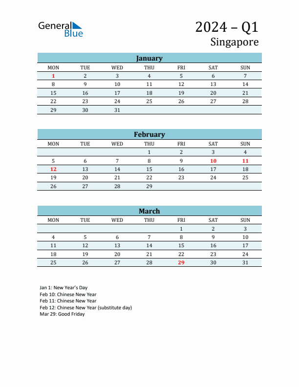Three-Month Planner for Q1 2024 with Holidays - Singapore