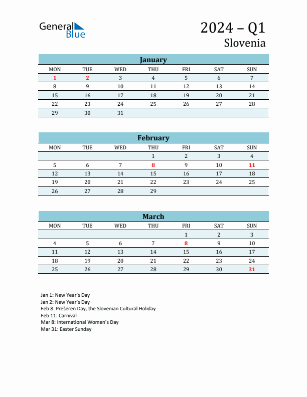 Three-Month Planner for Q1 2024 with Holidays - Slovenia
