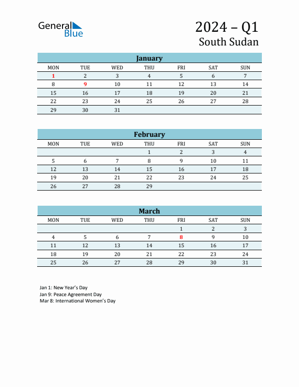 Three-Month Planner for Q1 2024 with Holidays - South Sudan