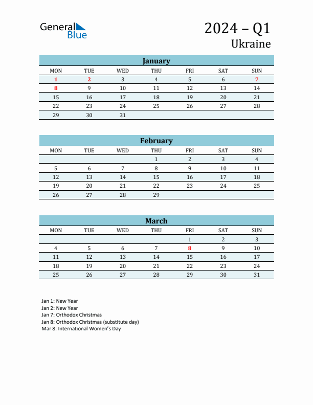Three-Month Planner for Q1 2024 with Holidays - Ukraine