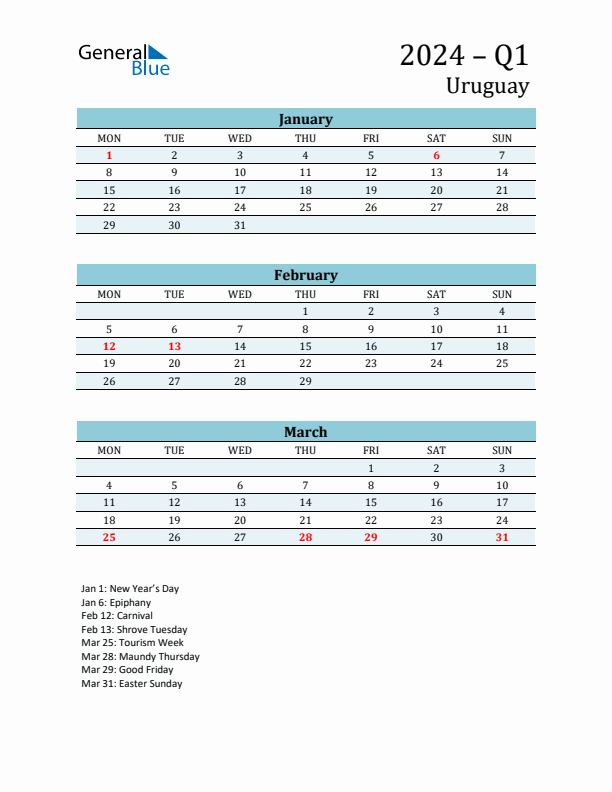 Three-Month Planner for Q1 2024 with Holidays - Uruguay