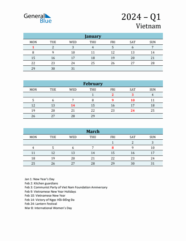 Three-Month Planner for Q1 2024 with Holidays - Vietnam