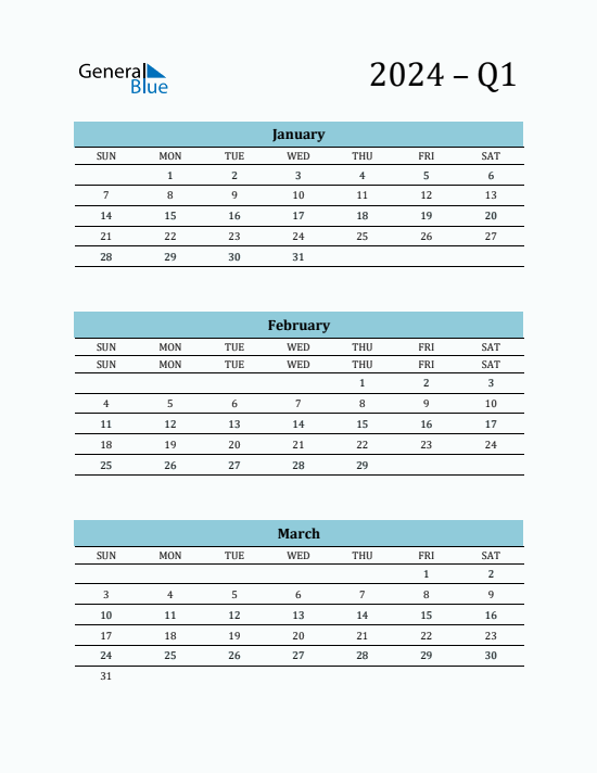 Quarter 1 2024 calendar template