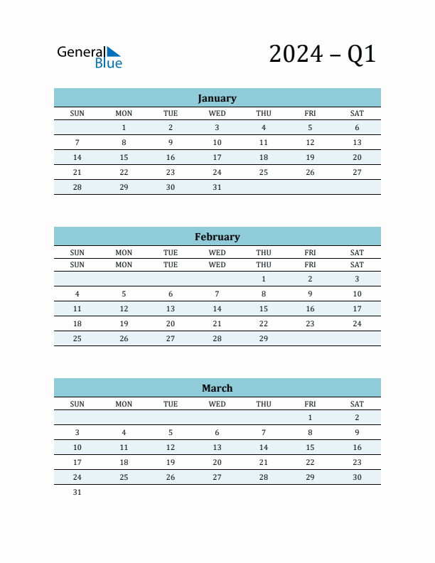 January, February, and March 2024 Calendar