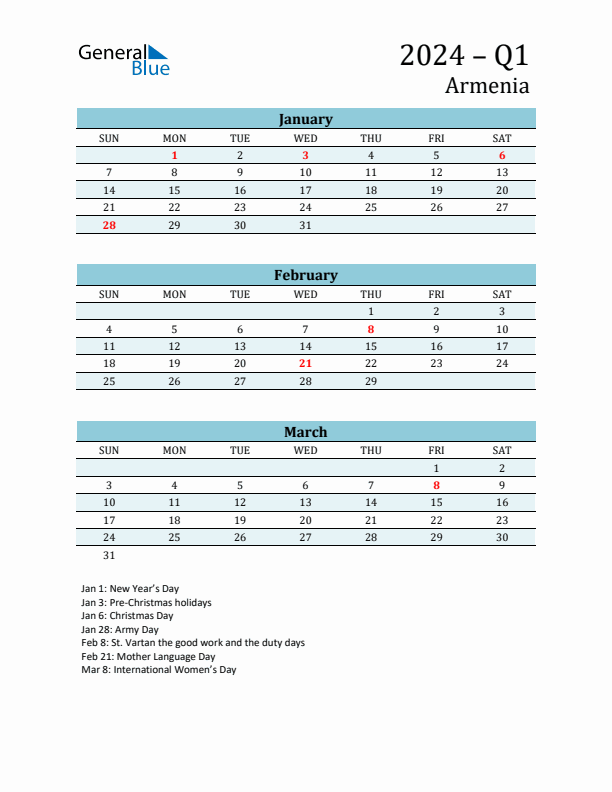 Three-Month Planner for Q1 2024 with Holidays - Armenia