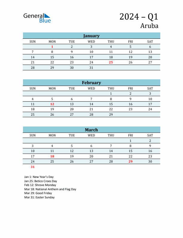 Three-Month Planner for Q1 2024 with Holidays - Aruba