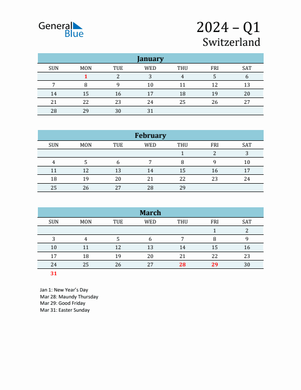 Three-Month Planner for Q1 2024 with Holidays - Switzerland