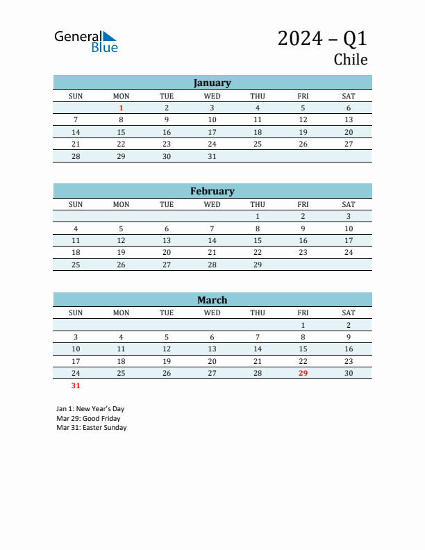Q1 2024 Quarterly Calendar with Chile Holidays (PDF, Excel, Word)