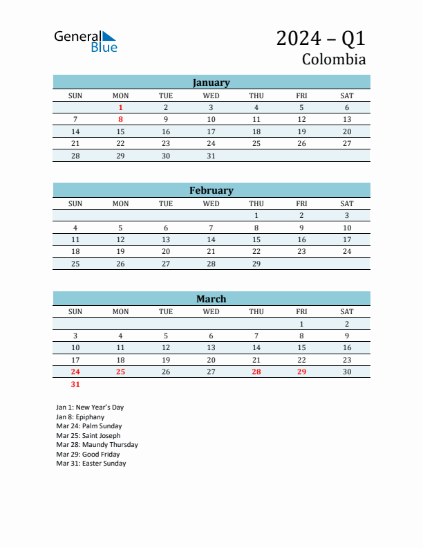 Three-Month Planner for Q1 2024 with Holidays - Colombia