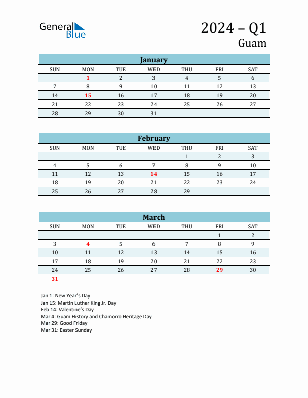 Three-Month Planner for Q1 2024 with Holidays - Guam