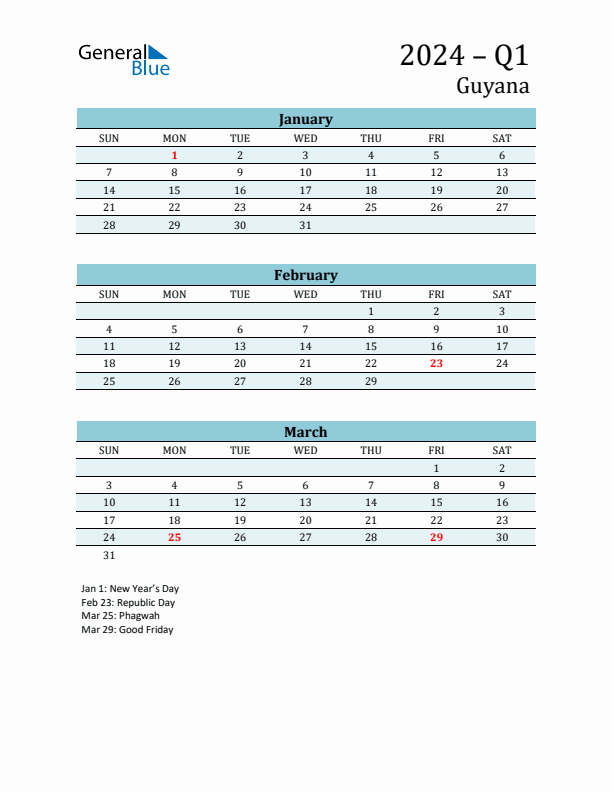 Q1 2024 Quarterly Calendar with Guyana Holidays (PDF, Excel, Word)