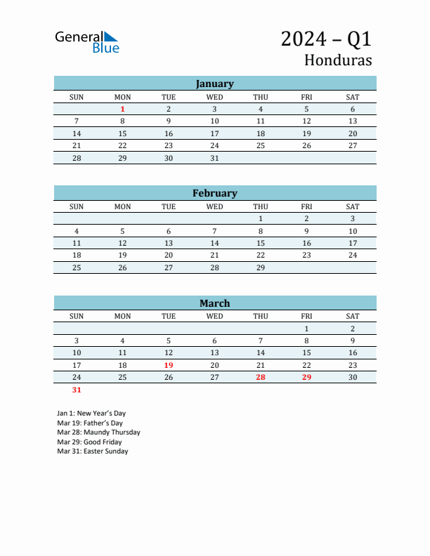 Three-Month Planner for Q1 2024 with Holidays - Honduras