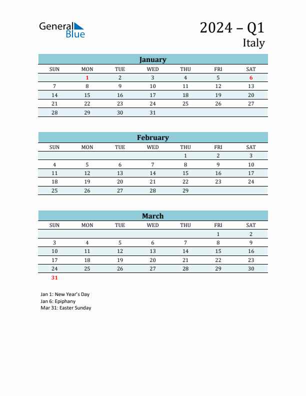 Three-Month Planner for Q1 2024 with Holidays - Italy