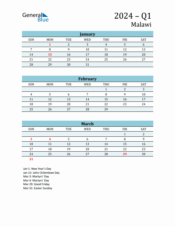 Three-Month Planner for Q1 2024 with Holidays - Malawi
