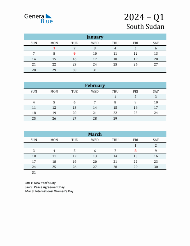 Three-Month Planner for Q1 2024 with Holidays - South Sudan