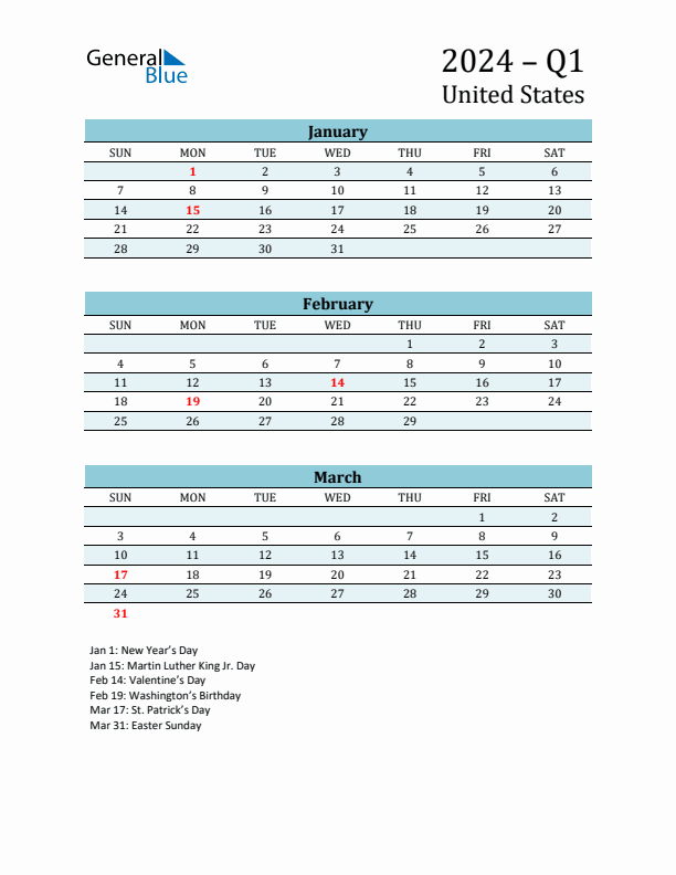 Q1 2024 Quarterly Calendar with United States Holidays (PDF, Excel, Word)