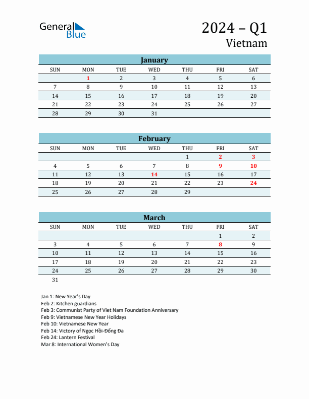 Three-Month Planner for Q1 2024 with Holidays - Vietnam
