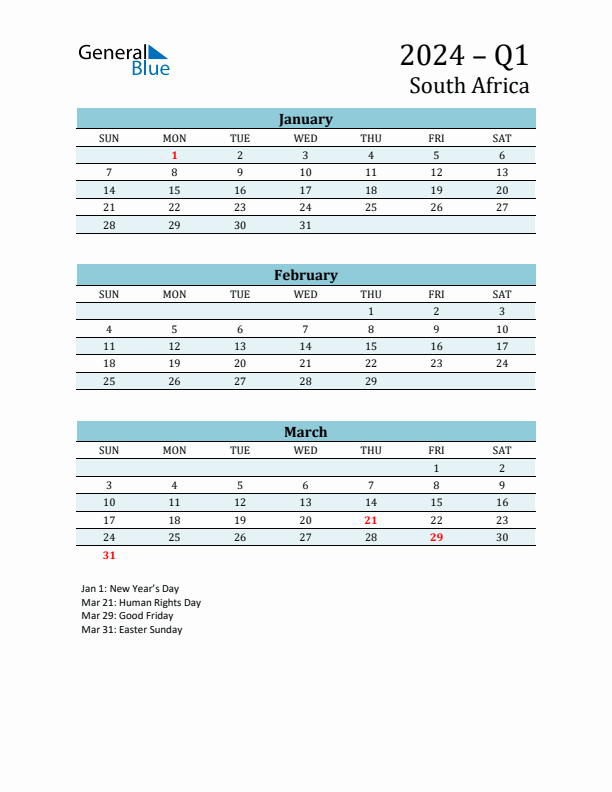 Three-Month Planner for Q1 2024 with Holidays - South Africa