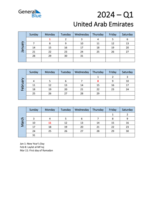  Free Q1 2024 Calendar for United Arab Emirates