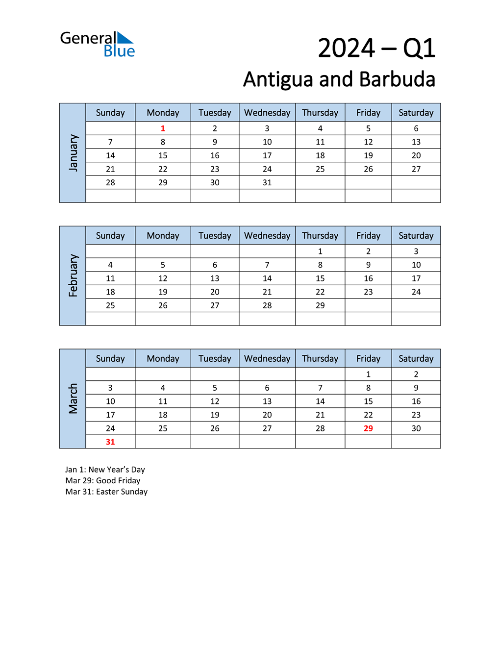  Free Q1 2024 Calendar for Antigua and Barbuda