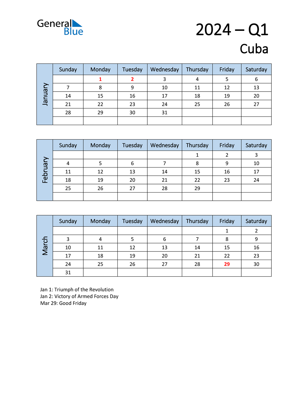  Free Q1 2024 Calendar for Cuba