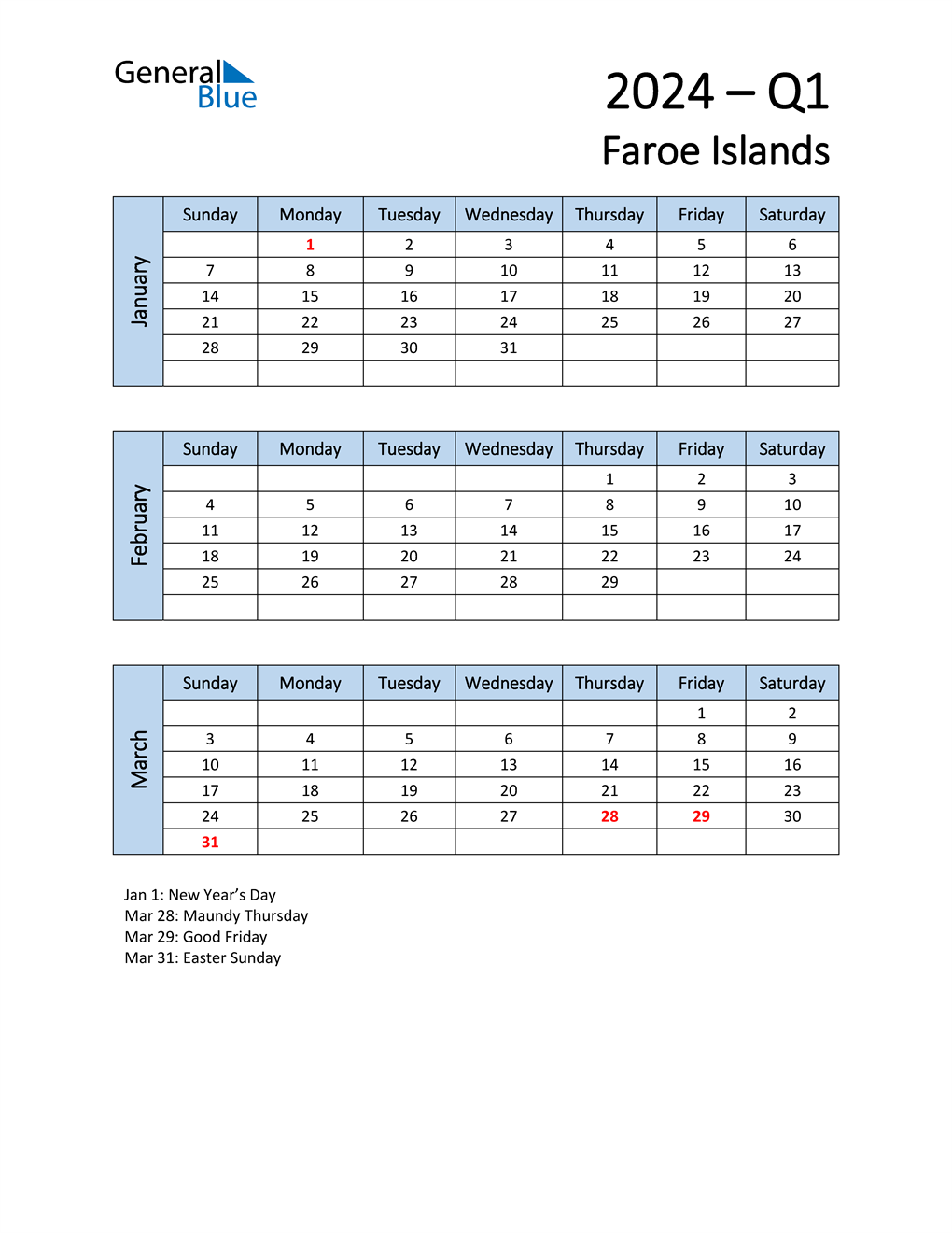  Free Q1 2024 Calendar for Faroe Islands