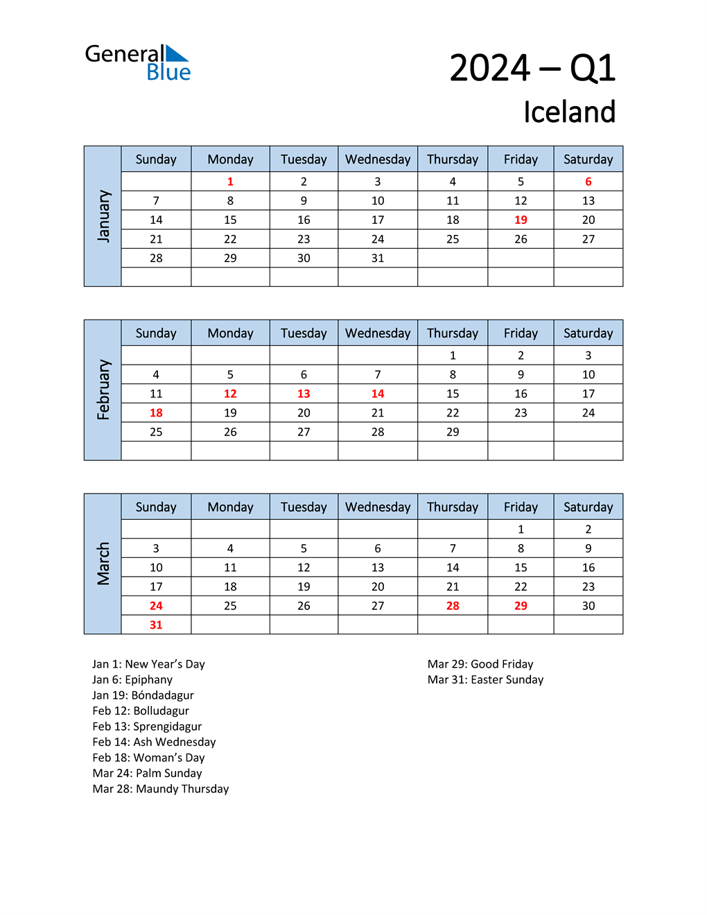  Free Q1 2024 Calendar for Iceland